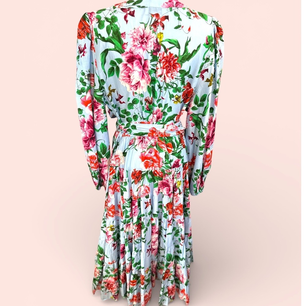 Gibson + Latimer NWT SZ XL Floral Midi Dress Blue Pink Wrap Tiered Puff Sleeve - Picture 4 of 15